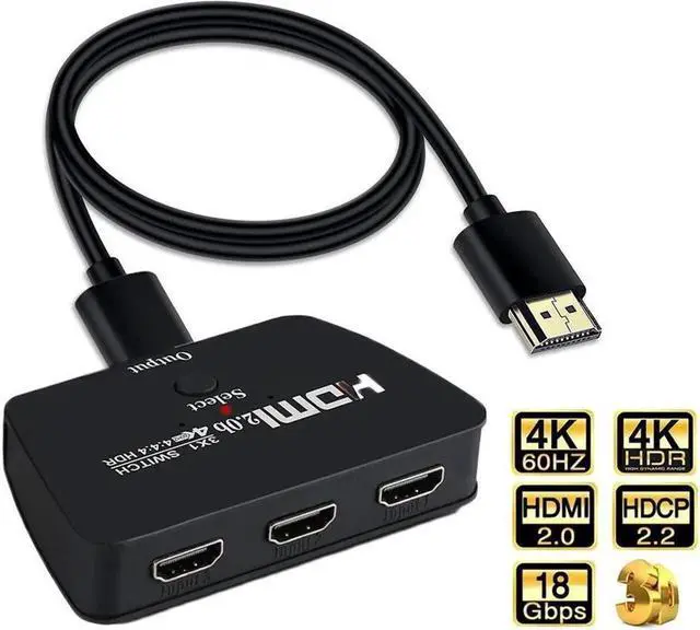 Main image of 4K@60Hz HDMI Switch 3 Port 4K HDMI Switcher Splitter Box 3 in 1 Out 3x1 HDM Switch Selector with 3.9FT HDMI Cable Support 3D HDCP 2.2 HDR 10 Monitor Switch for Fire Stick, PS5, Xbox