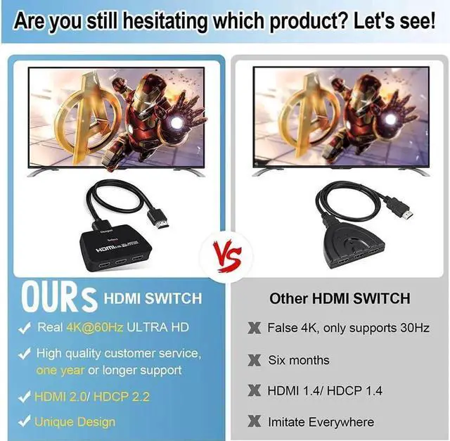 Alt view image 5 of 7 - 4K@60Hz HDMI Switch 3 Port 4K HDMI Switcher Splitter Box 3 in 1 Out 3x1 HDM Switch Selector with 3.9FT HDMI Cable Support 3D HDCP 2.2 HDR 10 Monitor Switch for Fire Stick, PS5, Xbox