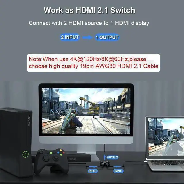 Alt view image 5 of 7 - HDMI Switch Splitter 4K@120hz, Aluminum Bidirectional HDMI Switcher 2 in 1 Out, HDMI Splitter 1 in 2 Out, HDMI Hub Supports 4K@120Hz,8K@60Hz for Xbox PS5/4/3 Blu-Ray Player Fire Stick HDTV