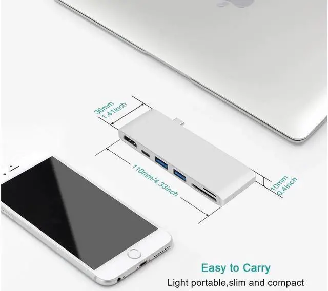 Alt view image 2 of 7 - USB C Hub, Type-C Power Delivery, 4K HDMI, 2x USB 3.0, MicroSD/SD Card Reader for MacBook 2016/2017 and more USB C Devices - Silver