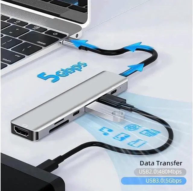 Alt view image 2 of 7 - USB C Type-C Hub/Adapter, 7 in 1 with 4K HDMI Output, USB 3.0, USB-A, SD/TF Card Reader, 100W PD, USB C Data Port, USB C Docking Station for MacBook Pro/Air and More Type C Devices