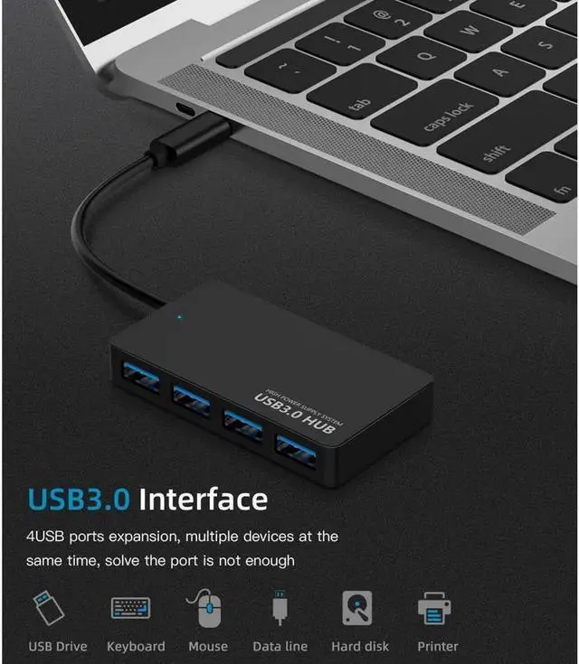 Alt view image 2 of 7 - USB-C Type-C Hub, 4 Port USB 3.0 Hub , Portable Hub for MacBook, Windows, mac OS, Linux, USB Flash Drives, Mobile HDD etc and Other USB-C Type-C Devices (Black)