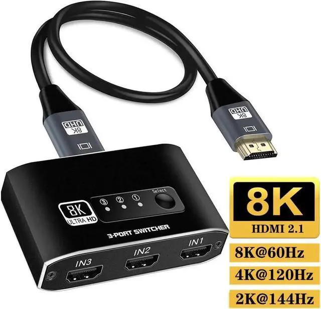 Main image of HDMI Switch 3in1 Out 8K HDMI Switcher Splitter 8K@60Hz 3 Port HDMI Switch with 3.9FT HDMI Cable HDCP2.3 3D Dolby Compatible with PS5/PS4/Xbox/Nintendo Switch/Fire Stick/Roku TV and More