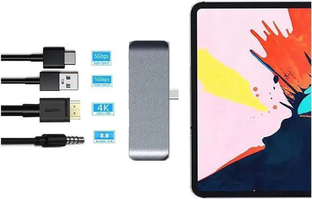 Main image of USB C Hub, 4 in 1 USB C Adapter with 4K USB C to HDMI, PD Charging Port, USB3.0 Port, Audio Jack Port, for 2018 IPad Pro, Microsoft Surface Go, and Other USB C Tablets (Space Gray)