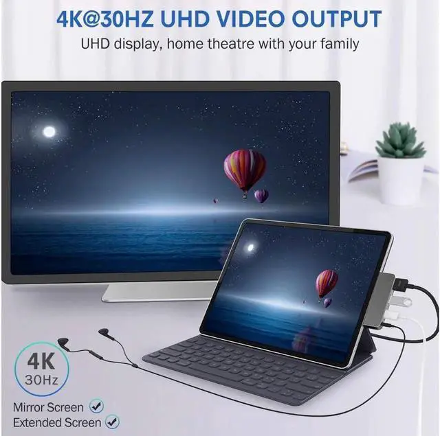 Alt view image 5 of 7 - USB C Hub, 4 in 1 USB C Adapter with 4K USB C to HDMI, PD Charging Port, USB3.0 Port, Audio Jack Port, for 2018 IPad Pro, Microsoft Surface Go, and Other USB C Tablets (Space Gray)