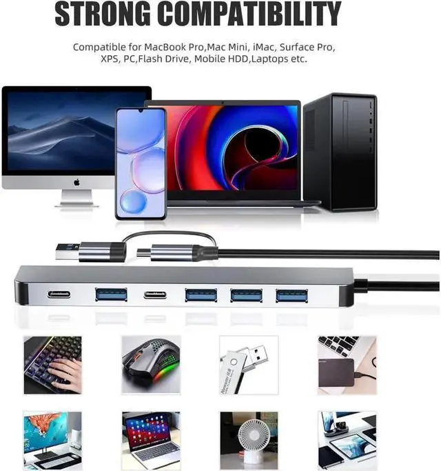 Alt view image 3 of 7 - Aluminum 7 in 1 USB Hub USB C Hub with USB 3.0, Multiport USB Splitter Expand with 5 USB Port 2 USBC Ports for MacBook Pro Air, for iPad Pro Laptop, Phones and More Devices
