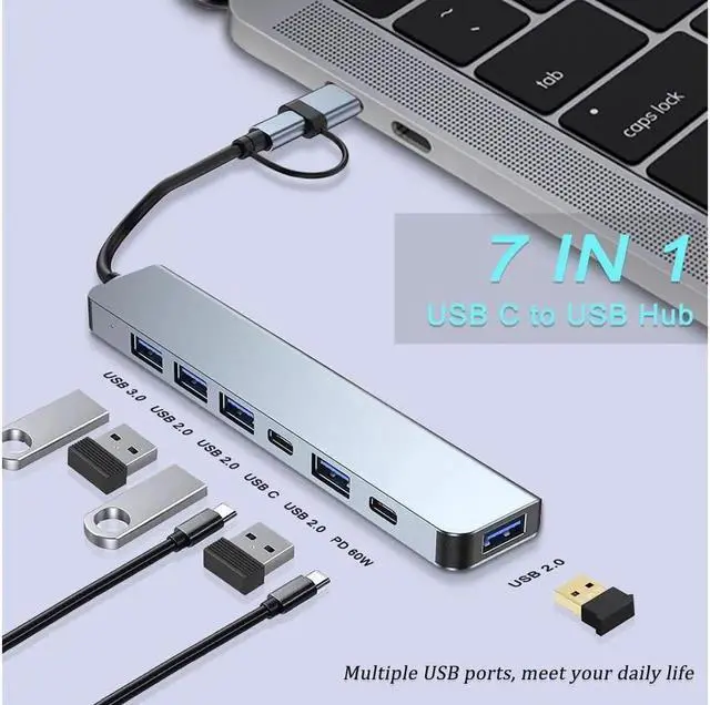 Alt view image 7 of 7 - Aluminum 7 in 1 USB Hub USB C Hub with USB 3.0, Multiport USB Splitter Expand with 5 USB Port 2 USBC Ports for MacBook Pro Air, for iPad Pro Laptop, Phones and More Devices
