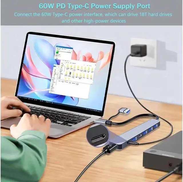 Alt view image 6 of 7 - Aluminum 7 in 1 USB Hub USB C Hub with USB 3.0, Multiport USB Splitter Expand with 5 USB Port 2 USBC Ports for MacBook Pro Air, for iPad Pro Laptop, Phones and More Devices