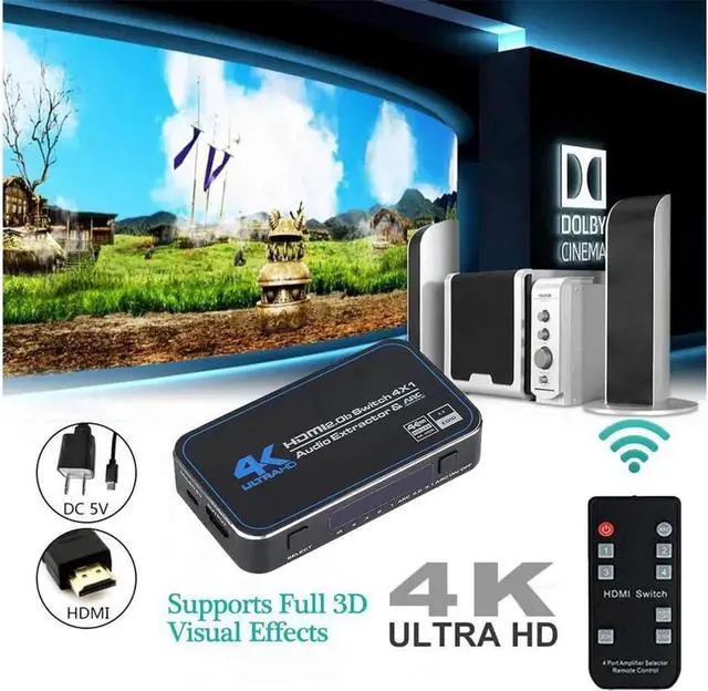 Alt view image 7 of 7 - 4K 2K 60Hz HDMI Switch Audio Extractor with Optical 3.5mm Stereo Audio Out, HD 4K HDMI Video Switcher Adapter 4 In 1 Out HDMI Splitter with Remote Control for DVD HDTV TV Box PS4 - OZQ4