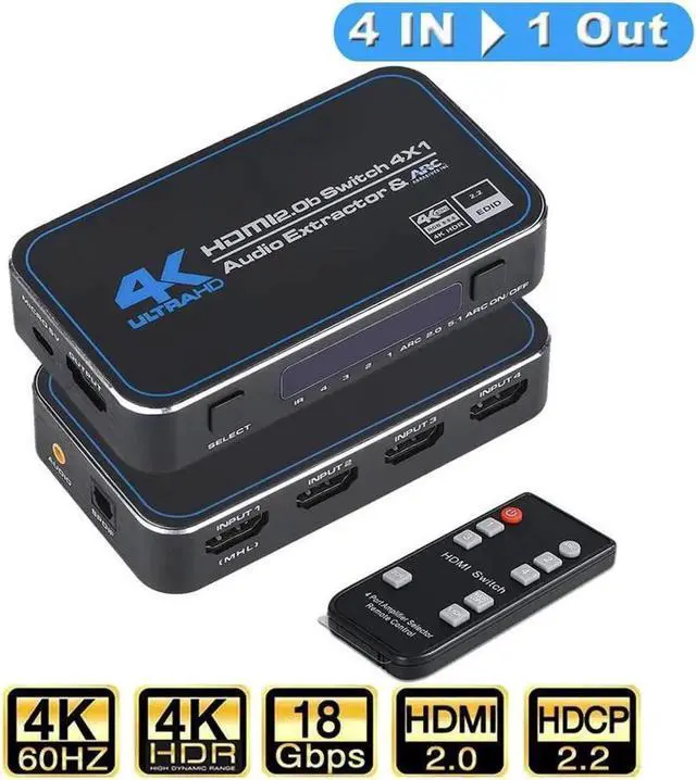Main image of 4K 2K 60Hz HDMI Switch Audio Extractor with Optical 3.5mm Stereo Audio Out, HD 4K HDMI Video Switcher Adapter 4 In 1 Out HDMI Splitter with Remote Control for DVD HDTV TV Box PS4 - OZQ4