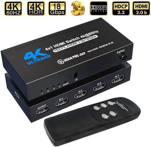 Main image of HDMI Switch 4x1 HDMI Switcher 4 in 1 Out HDMI Switch Selector 4 Port Box with IR Remote Control HDMI 2.0 HDCP 2.2 Support 4K@60Hz Ultra HD 3D 2160P 1080P