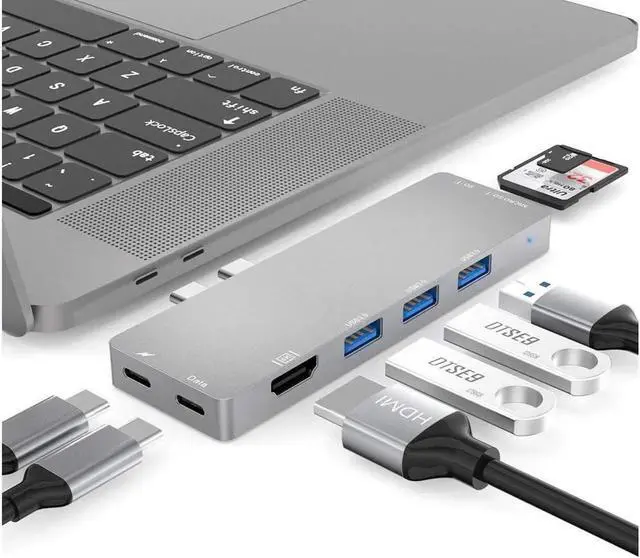 Main image of USB C Hub, 8-in-2 Dual USB C Hub Adapter with 4K HDMI, Thunderbolt 3, 3 USB 3.0, USB-C Data Port, SD and MicroSD Card Reader Type C Hub Compatible with MacBook Air, MacBook Pro 2017/2018