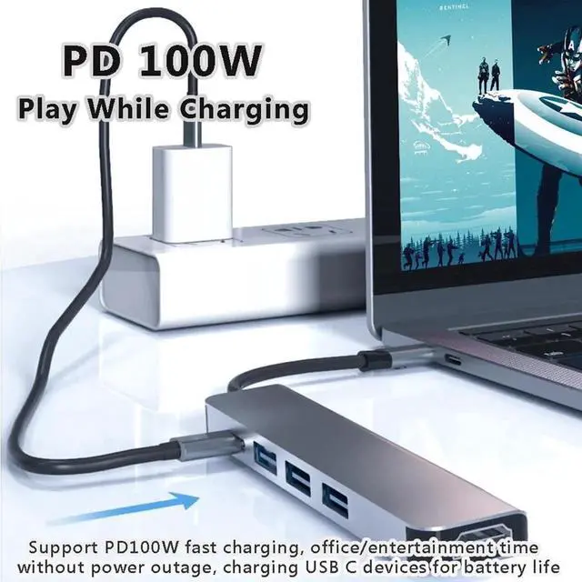 Alt view image 6 of 7 - USB C Hub, 5 in 1 USB C to 4K HDMI Splitter, USB 3.0, 2*USB 2.0, 4K HDMI Port, PD 100W Charging, for iPad Pro MacBook Pro Laptops and More