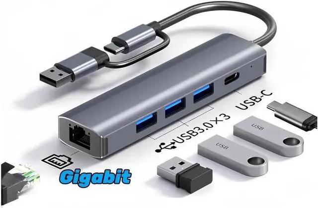 Main image of USB Hub, 5-in-1 USB to Network HUB with 3 USB 3.0 Data Transmission, 1 USB C, Gigabit Ethernet Port USB Aluminum Extension for Laptop, iMac, PC, USB Flash Drives etc