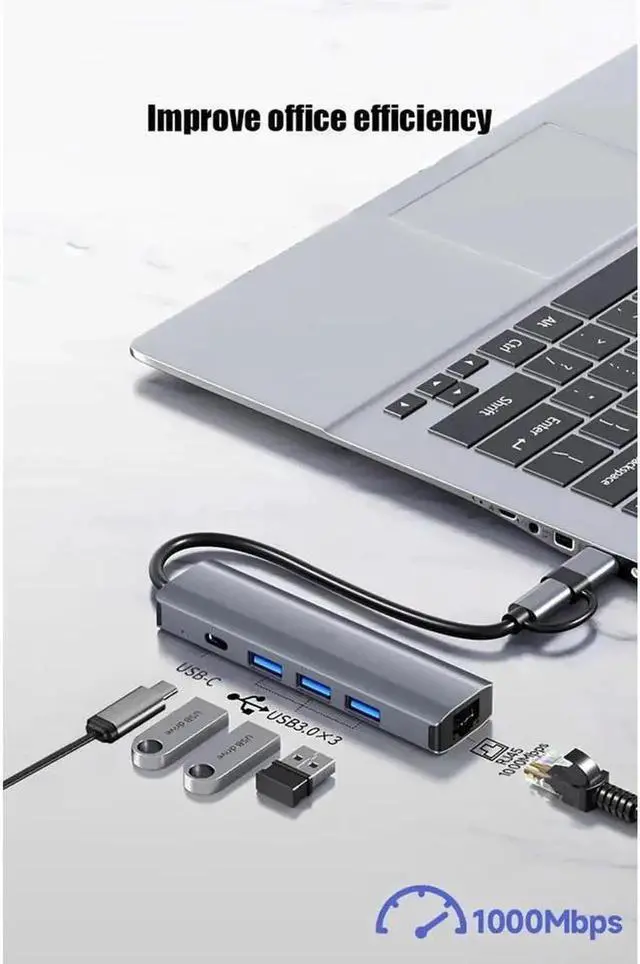 Alt view image 7 of 7 - USB Hub, 5-in-1 USB to Network HUB with 3 USB 3.0 Data Transmission, 1 USB C, Gigabit Ethernet Port USB Aluminum Extension for Laptop, iMac, PC, USB Flash Drives etc