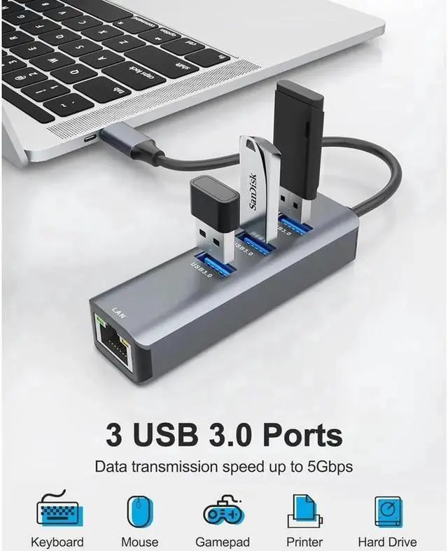 Alt view image 2 of 7 - USB C to Ethernet Adapter, Aluminum USB-C Hub with 4 USB 3.0 Ports, Thunderbolt 3/USB-C to RJ45 Gigabit Ethernet LAN Network Adapter Multiport for MacBook Pro/Air, USB-C Laptop and PC