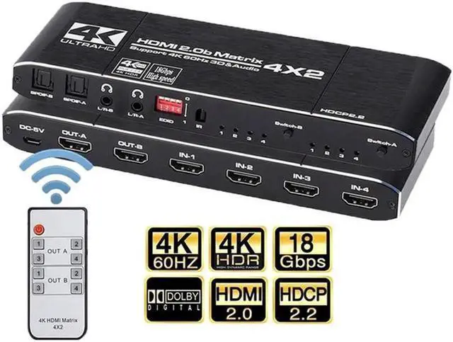 Main image of 4x2 HDMI Matrix, 4K@60Hz 4 in 2 Out HDMI Switch Splitter with IR Remote, HDMI Matrix Switch + Coaxial + Optical + 3.5mm Audio Output, Support HDMI2.0, HDCP2.2, EDID, 3D, Audio Extractor