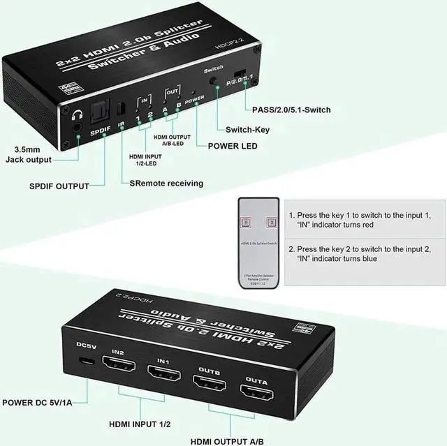 Alt view image 2 of 7 - HDMI Switch Splitter 2x2 with Audio Extractor, 4Kx2k @60Hz Ultra HD HDMI Switcher with Optical TOSLINK SPDIF, 3.5mm Audio Support HDCP 2.2, HDMI2.0b, 4K@60HZ, RGB4:2:2, 4K HDR HDTV