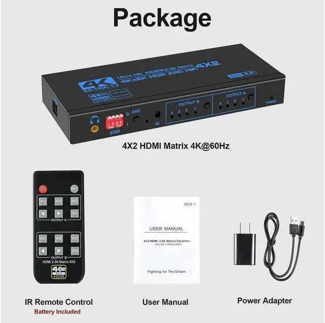 Alt view image 7 of 7 - 4K@60Hz Matrix 4x2 18.5 Gbps HDMI-compatible Switch Splitter with SPDIF and 3.5mm HDR 4x2 Support HDCP 2.2 3D (OZJ2-1)