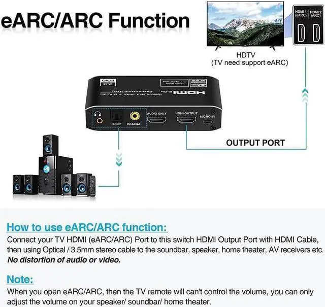 Alt view image 4 of 6 - 4K HDMI Switch 2x1 with Audio Extractor 4K@60Hz Ultra HD HDMI Switcher with Optical TOSLINK SPDIF 3.5mmAudio Coaxial Support ARC Function 3D 1080P @120Hz 4Kx2k @60Hz HDTV(Remote Control)