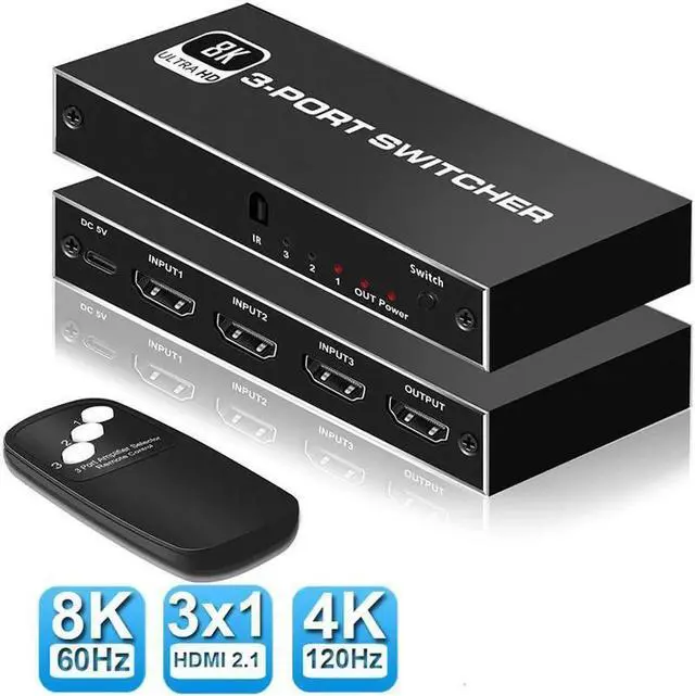 Main image of 8K HDMI 2.1 Switch,3 in 1 Out HDMI Switcher Box with IR Remote Control,3 Port HDMI 2.1 Switcher Selector Support for 8K@60Hz, 4K@120Hz,Compatible for Xbox,PS4/5,Laptop,Blue-ray Player