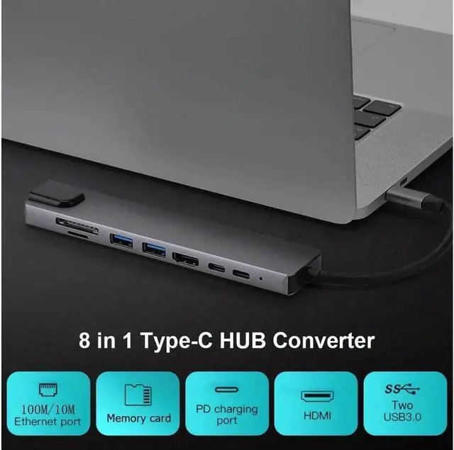 Alt view image 7 of 7 - USB C Hub, 8 in 1 Type C Hub Adapter with 4K HDMI,RJ45 Ethernet, Type-C Port, PD Charging Port, SD/Micro SD Card Reader, 2 Port USB 3.0 HUB for MacBook 2016/2017,Google Chromebook