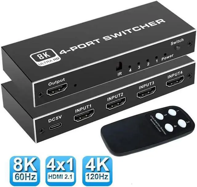 Main image of 8K HDMI 2.1 Switch,4 in 1 Out HDMI Switcher Box with IR Remote Control,4 Port HDMI 2.1 Switcher Selector Support for 8K@60Hz, 4K@120Hz,Compatible for Xbox,PS4/5,Laptop,Blue-ray Player