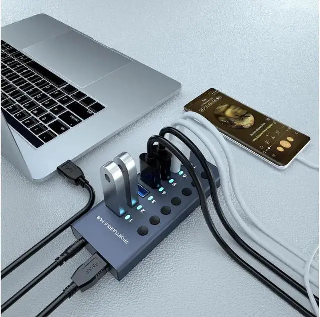 Alt view image 4 of 7 - Powered USB 3.0 USB C Hub, Aluminum USB 7 Port, 12V/3A AC Adapter, with Individual On/Off Switches for MacBook, Mac Pro/Mini and More