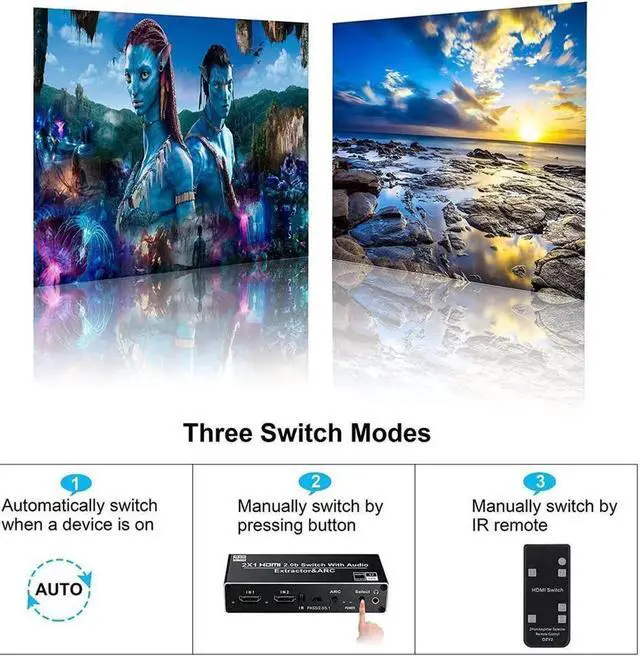 Alt view image 6 of 7 - 4K@60Hz HDMI Switch 2x1, 2 Port HDMI2.0b Switch Box with Optical Toslink SPDIF/Coaxial/3.5mm R/L Audio Out, HDMI Selector Switch with Remote(OZV2)