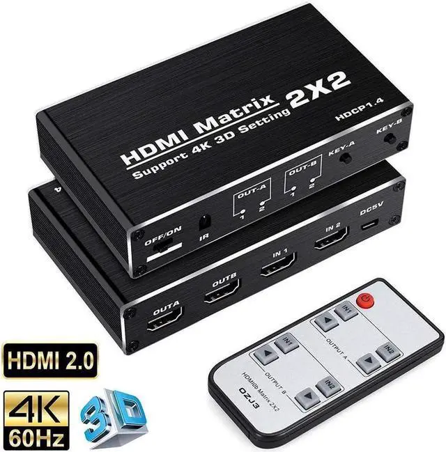 Main image of 4K HDMI Matrix Switch 2 X 2 ,2 in 2 Out Video Switcher Splitter with IR Remote Controller,Support 4K@60Hz 3D 18.5Gbps, HDMI 2.0b, HDCP 1.4,HDR,YUV 4:2:0 (OZJ3)