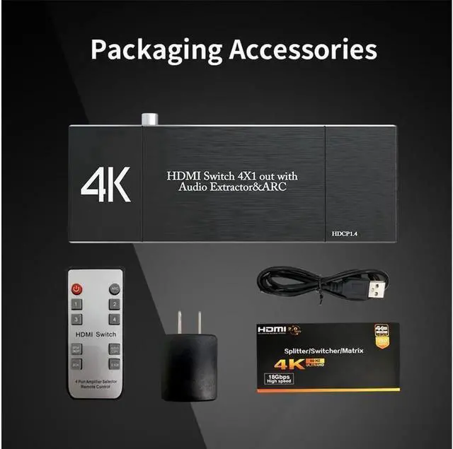 Alt view image 3 of 6 - 4 in 1 Out HDMI Switch with Audio Extractor 4K 60Hz Optical + 3.5mm AUX + Coaxial Output HDMI Switcher Audio Splitter Converter IR Remote Support ARC HDCP2.2 1080P 3D Dobly Atmos