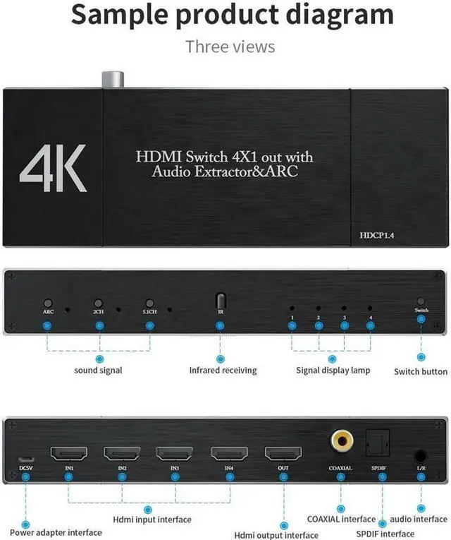 Alt view image 3 of 7 - 4x1 HDMI Switch,4 in 1 Out HDMI Switcher Audio Extractor( Optical + 3.5mm AUX + Coaxial Output) ,Support Ultra HD 4K,3D 1080P,Audio EDID Extractor with IR Remote Control, OZQ7