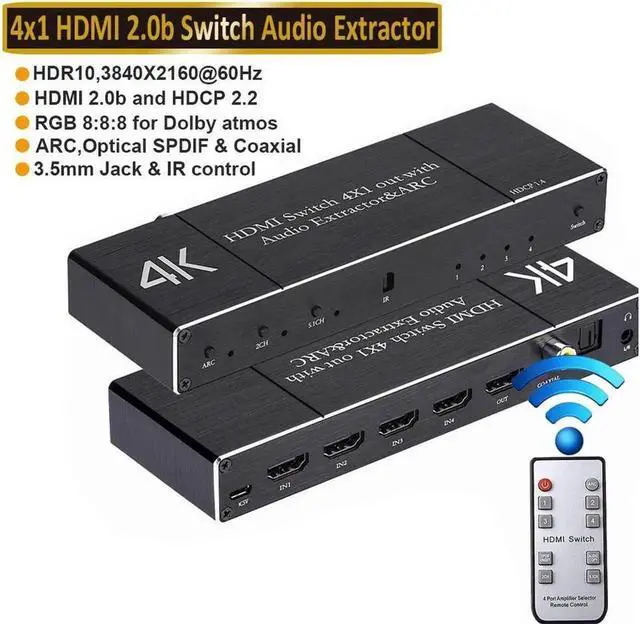 Main image of 4x1 HDMI Switch,4 in 1 Out HDMI Switcher Audio Extractor( Optical + 3.5mm AUX + Coaxial Output) ,Support Ultra HD 4K,3D 1080P,Audio EDID Extractor with IR Remote Control, OZQ7