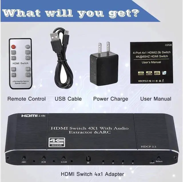 Alt view image 6 of 7 - HDMI Switch 4x1 with Audio Extractor, 4K@60Hz Ultra HD HDMI Switcher with Optical TOSLINK SPDIF, 3.5mm Audio,Coaxial Support ARC Function, 3D, 1080P @120Hz, 4Kx2k @60Hz HDTV with Remote