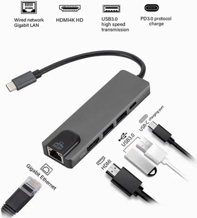 Main image of 5 in 1 USB Type C Hub Hdmi 4K USB C Hub to Gigabit Ethernet Rj45 Lan Adapter for Mac book Pro Thunderbolt 3 USB-C Charger