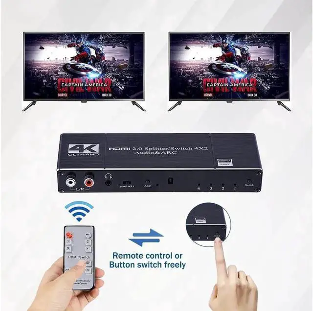 Alt view image 5 of 7 - HDMI Switch 4x2 with Audio Extractor 4K@60Hz Ultra HD HDMI Switcher with Optical TOSLINK SPDIF R/L3.5mm Audio Coaxial Support ARC Function 3D 1080P@120Hz 4Kx2k @60Hz HDTV(Remote Control)