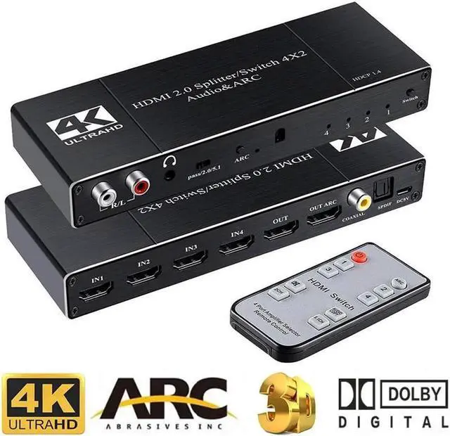 Main image of HDMI Switch 4x2 with Audio Extractor 4K@60Hz Ultra HD HDMI Switcher with Optical TOSLINK SPDIF R/L 3.5mm Audio Coaxial Support ARC Function 3D 1080P@120Hz4Kx2k @60Hz HDTV(Remote Control)