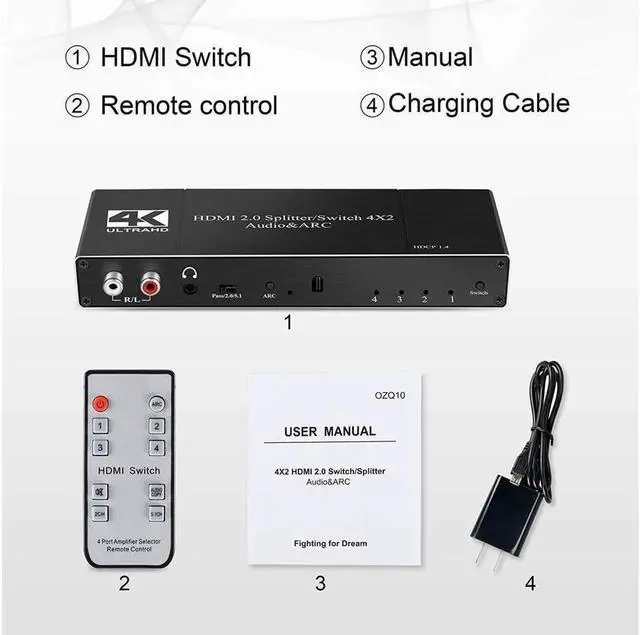 Alt view image 7 of 7 - HDMI Switch 4x2 with Audio Extractor 4K@60Hz Ultra HD HDMI Switcher with Optical TOSLINK SPDIF R/L 3.5mm Audio Coaxial Support ARC Function 3D 1080P@120Hz4Kx2k @60Hz HDTV(Remote Control)