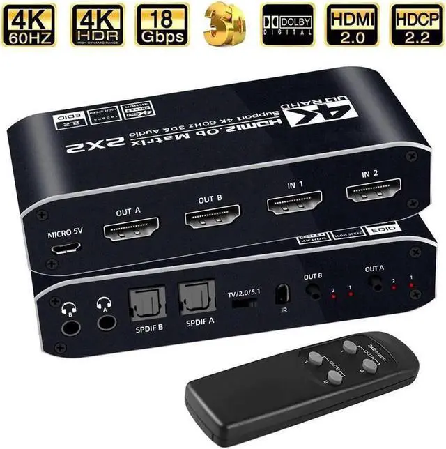 Main image of 4K HDMI Matrix Switch 2X2 2 in 2 Out Video Switcher Splitter 2xOptical SPDIF and 2x3.5mm L/R Audio Output with IR Remote Controller,Support 4K@60Hz 3D 18.5Gbps, HDMI 2.0b, HDCP 2.2,HDR10