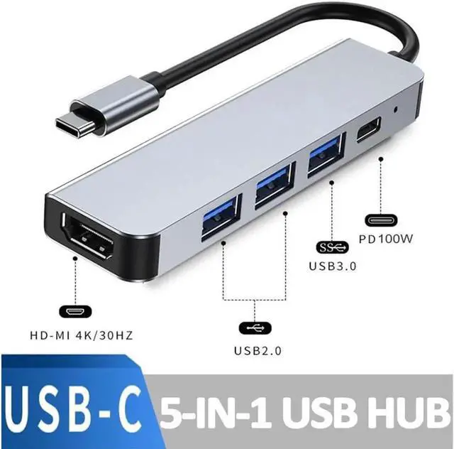 Alt view image 2 of 7 - USB C Hub, 5 in 1 USB-C Splitter Thunderbolt 3 Hub to 4K HDMI Adapter for MacBook, 3* 5Gbps USB 3.0 Port, 100W PD, Type C Dongle Compatible with MacBook Pro Air
