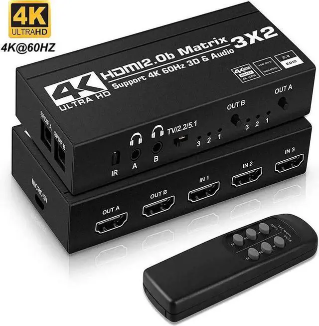 Alt view image 5 of 7 - 4K@60Hz HDMI Matrix Switch Splitter 3 in 2 Out with Remote, 3x2 HDMI Splitter Switcher 4K with SPDIF & 3.5mm Audio, Support 4K,3D, 1080p,HDCP2.2, HDR 10 for PS4,Xbox,Fire Stick,etc