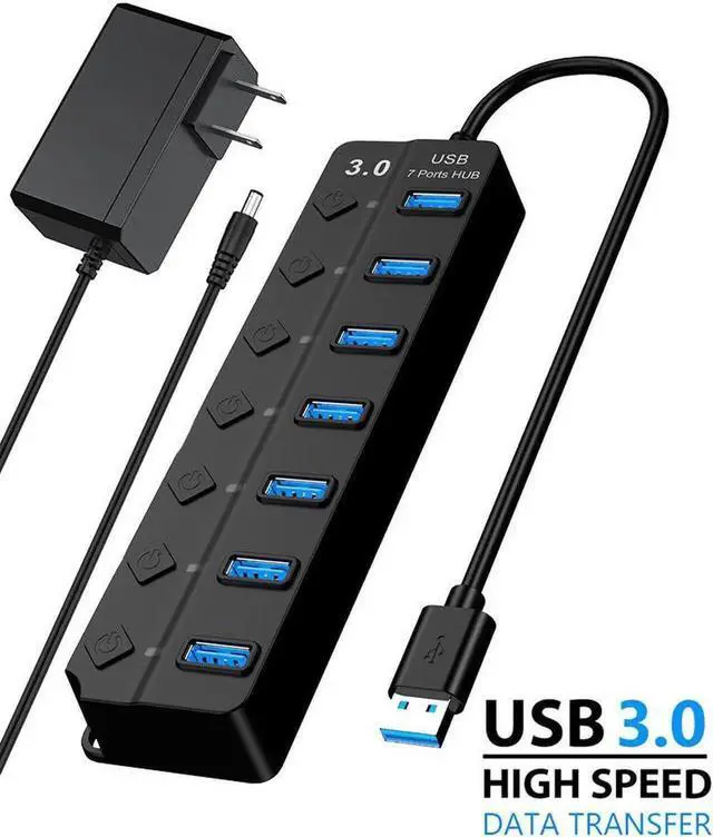 Main image of Powered USB 3.0 Hub, 7 Ports USB Data Hub Splitter Plus USB Extension Including Individual Switches and 5V DC Power Adapter - Black(7IN1HUB)