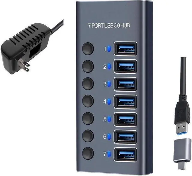 Main image of 7-Port USB 3.0 Hub with Power Adapter - USB-A Hub with Individual On/Off Switches - [Durable Aluminum] - High Speed USB 3.0 (5Gbps) - (5Gbps) Hub