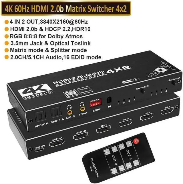 Main image of 4K@60Hz 4X2HDMI Matrix, 4 in 2 Out Switcher with HDR10,2xSPDIF Audio, 2x3.5mm L/R Audio, EDID, Downscaler 4K to 1080P and RGB 8:8:8(Dolby ATMOS)