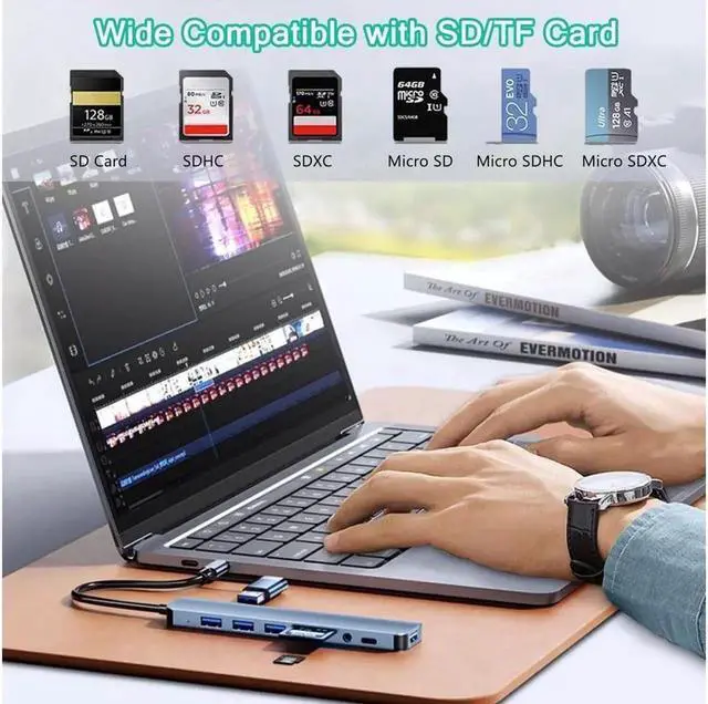 Alt view image 2 of 7 - Aluminum 8 in 1 USB Hub USB C Hub, Multiport USB Splitter Expand with 3 USB Port & TF/SD Card Reader for MacBook Pro Air, for iPad Pro Laptop, Phones and More Devices