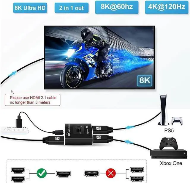 Alt view image 2 of 7 - HDMI 2.1 Switch 8K 2 in 1 Out HDMI Switcher 2 Port Support 8K 60Hz 4K 120Hz HDCP 2.3 Ultra HD 3D for Xbox PS4 PS5 Roku UHD TV Monitor Projector (OZ8Q2B)