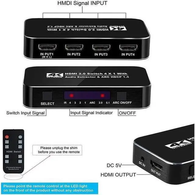 Alt view image 3 of 7 - 4 In 1 Out 4K@60Hz HDMI Switch Audio Extractor with Optical 3.5mm Stereo Audio Out, 4x1 Switcher Converter Adapter with Remoter for XBox PS4 PS5 Pro PC Projector Laptop - OZQ4