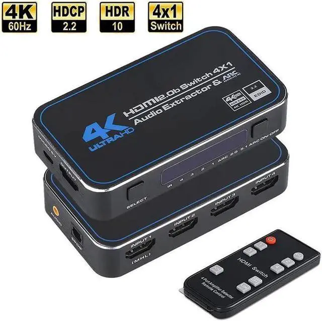 Main image of 4K@60Hz HDMI Switch 4 in 1 Out w/IR Remote Control 4 Port Switcher Selector Box Audio Extractor with Optical 3.5mm Stereo Audio Out for Supports Ultra HD Dolby Vision 18.5Gbps HDR10 HDCP