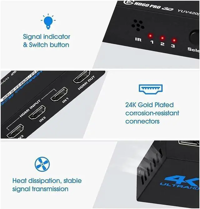 Alt view image 3 of 6 - HDMI Switch 4k@60HZHDMI Splitter 3in1 Out HDMI Switcher Selector with IR Remote Control HDMI3Port Box Hub Support 3D HDCP2.2 for PS4/Xbox One/Fire TV/Apple TV/Sky Box/STB/DVD/Roku OZQ2-1