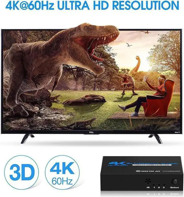 Alt view image 5 of 6 - HDMI Switch 4k@60HZHDMI Splitter 3in1 Out HDMI Switcher Selector with IR Remote Control HDMI3Port Box Hub Support 3D HDCP2.2 for PS4/Xbox One/Fire TV/Apple TV/Sky Box/STB/DVD/Roku OZQ2-1